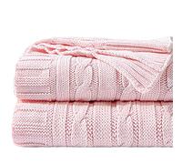 NTBAY 100% Pure Cotton Cable Knit Throw Blanket, Super Soft Warm 130x170 Knitted Throw Blanket for Couch, Sofa, Chair, Bed - Extra Cozy, Machine Washable, Comfortable Home Decor, Baby Pink, 130x170 cm