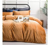 NTBAY 3 Pieces Velvet Flannel Double Duvet Cover Set, Super Soft Navy Bedding Set, Solid Color Zippered Comforter Cover with Ties and 2 Oxford Pillowcases (Double, Camel)