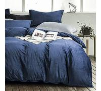 NTBAY 3 Pieces Velvet Flannel Double Duvet Cover Set, Super Soft Navy Bedding Set, Solid Color Zippered Comforter Cover with Ties and 2 Oxford Pillowcases (Double, Navy)
