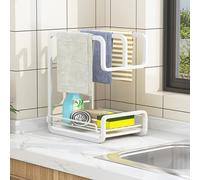 NTDMSFWM Carbon Steel Kitchen Sink Sponge Holder with Drain Pan, Dishcloth Drying Rack, Organizer and Storage Rack for Sponge, Dish Cloth, Rag, Brush, Scrubber (White)