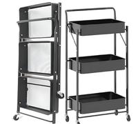 NTEK 3 Tiers Foldable Storage Trolley Cart, Handle & Foldable Metal Rolling Organizer Cart, Trolley with Locking Wheels for Kitchen, Kitchen Storage Wagon, Storage Tower Holder Rack (BLACK)