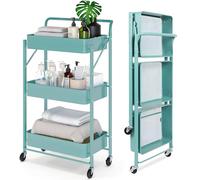NTEK 3 Tiers Foldable Storage Trolley Cart, Handle & Foldable Metal Rolling Organizer Cart, Trolley with Locking Wheels for Kitchen, Kitchen Storage Wagon, Storage Tower Holder Rack (GREEN)