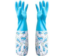 NTEK Rubber Gloves 1 Pair Long Cuff Waterproof Dishwashing Gloves, Reusable, Non-Slip Kitchen Cleaning Gloves Heavy Duty for Washing Dishes Bathroom Laundry Gardening Household Flock Lined (BLUE)