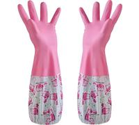 NTEK Rubber Gloves 1 Pair Long Cuff Waterproof Dishwashing Gloves, Reusable, Non-Slip Kitchen Cleaning Gloves Heavy Duty for Washing Dishes Bathroom Laundry Gardening Household Flock Lined (PINK)