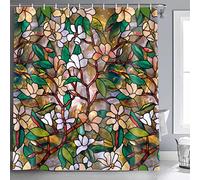 NTETSN Abstract Window Floral Bathroom Shower Curtain Stained Glass Window Green Leaves White Flowers Bathing Curtains Washable Plant Leaf Fabric Set with 12 Hooks 72 x 72 Inches