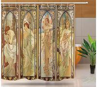 NTETSN Art Nouveau Lady Shower Curtain, Aesthetic Art Times of The Day, Night's Rest, Evening Reverie, Daybreak, Morning Awakening Fabric Shower Curtains with Hooks YLYYNT2418 (7272)