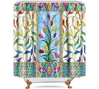 NTETSN Stained Glass Window Shower Curtain, Antique Style Ornate Symmetric Tulip Floral Leaves Tile Fractal Pattern Decor, Abstract Polyester Home Hotel Apartment Bathroom Curtains YLDWNT211