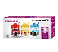 Nti 3x PRIMA MINI GLASS JAR SET | Tea | Coffee | Sugar | Home Kitchen Canister Storage RETRO Containers Set Coloured Lids & Matching Spoons Dining Food Organiser GIFTS UK FREE P&P