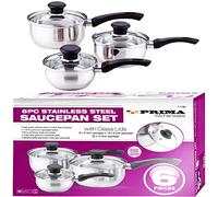 NTI 6 Pcs Prima Stainless Steel Saucepan Set Induction Cooking Pot Glass Lid Sturdy Handles Housewarming Gifts Home Kitchen Chef Healthy Food Cooker Cookware 16/18/20CM UK Free P&P, Silver & Black