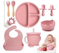 NTL Global Baby Weaning Set (10 Pcs), Silicone Baby Feeding Set with Adjustable Bib & Divided Fruit Plate, Fruit Feeder, Sippy Cup, Suction Cup, Spoons & Forks, Straw Cleaner for 6+ Months - Pink