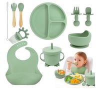 NTL Global Baby Weaning Set (10 Pcs), Silicone Baby Feeding Set with Adjustable Bib & Divided Fruit Plate, Fruit Feeder, Sippy Cup, Suction Cup, Spoons & Forks, Straw Cleaner for 6+ Months - Green