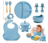 NTL Global Baby Weaning Set (10 Pcs), Silicone Baby Feeding Set with Adjustable Bib & Divided Fruit Plate, Fruit Feeder, Sippy Cup, Suction Cup, Spoons & Forks, Straw Cleaner for 6+ Months - Blue