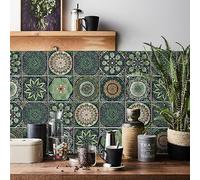 Ntrniva Moroccan Tile Stickers Green for Kitchen Bathroom Fireplace Surround 15x15 cm Victorian Self Adhesive Wall Tile Covers Oil Proof Waterproof Stick on Tiles for Shower 24pcs (6 * 6 inch)