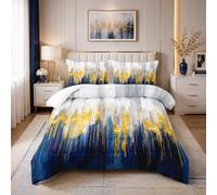 Nttopship Blue White Gold Gradient Color Print Comforter Set King Size,Abstract Art Bedding Set,Patchwork Printed Quilted Set for Teens Adult,with 1 Comforter and 2 Pillow Case