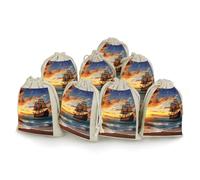 NTVOWPZO 8PCS Pirate Ship Sunset Cotton Drawstring Bag 5x7 Inch Small Cloth Gift Bags with Drawstring, Reusable Muslin Bags Pouches, Empty Candy Bag for Wedding Party Birthday Favors
