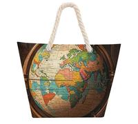 NTVOWPZO Ancient World Globe Beach Bag with Hemp Rope Handles Waterproof 600D Oxford Tote Zipper Carryall for Travel Shopping Swim Pool Gym Picnic & Daily Use