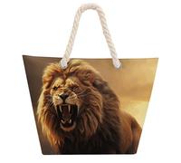 NTVOWPZO Angry Roaring Lion Beach Bag with Hemp Rope Handles Waterproof 600D Oxford Tote Zipper Carryall for Travel Shopping Swim Pool Gym Picnic & Daily Use