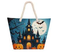 NTVOWPZO Bats Skim over The Castle Beach Bag with Hemp Rope Handles Waterproof 600D Oxford Tote Zipper Carryall for Travel Shopping Swim Pool Gym Picnic & Daily Use