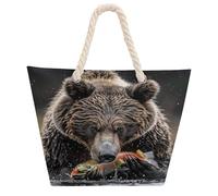 NTVOWPZO Bear Eats Fish Beach Bag with Hemp Rope Handles Waterproof 600D Oxford Tote Zipper Carryall for Travel Shopping Swim Pool Gym Picnic & Daily Use