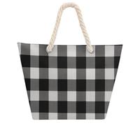 NTVOWPZO Black And White Plaid Beach Bag with Hemp Rope Handles Waterproof 600D Oxford Tote Zipper Carryall for Travel Shopping Swim Pool Gym Picnic & Daily Use