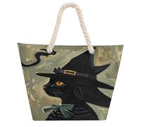 NTVOWPZO Black Cat Witch Beach Bag with Hemp Rope Handles Waterproof 600D Oxford Tote Zipper Carryall for Travel Shopping Swim Pool Gym Picnic & Daily Use
