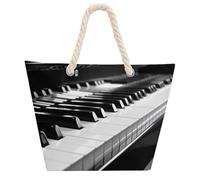NTVOWPZO Black White Piano Keyboard Beach Bag with Hemp Rope Handles Waterproof 600D Oxford Tote Zipper Carryall for Travel Shopping Swim Pool Gym Picnic & Daily Use