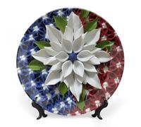 NTVOWPZO Bone China Decorative Plate America Patriotic Flower Ceramic Dinner Plates with Display Stand Ceramic Ornaments Art PorcelainPlate for Home Office Wall Decor Collections Plate 8inch