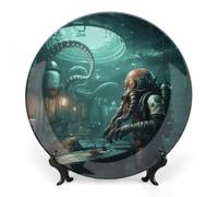 NTVOWPZO Bone China Decorative Plate Cool Octopus Diver Ceramic Dinner Plates with Display Stand Ceramic Ornaments Art PorcelainPlate for Home Office Wall Decor Collections Plate 8inch