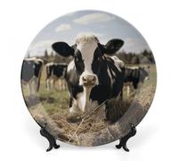NTVOWPZO Bone China Decorative Plate Cute Cows Ceramic Dinner Plates with Display Stand Ceramic Ornaments Art PorcelainPlate for Home Office Wall Decor Collections Plate 7inch