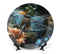 NTVOWPZO Bone China Decorative Plate Dragonfly Flying on The Pond Ceramic Dinner Plates with Display Stand Ceramic Ornaments Art Porcelain Plate for Home Office Wall Decor CollectionsPlate 8inch