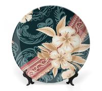 NTVOWPZO Bone China Decorative Plate Elegant Hawaiian Pattern Ceramic Dinner Plates with Display Stand Ceramic Ornaments Art Porcelain Plate for Home Office Wall Decor CollectionsPlate 8inch