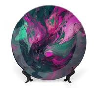 NTVOWPZO Bone China Decorative Plate Purple And Green Swirls Ceramic Dinner Plates with Display Stand Ceramic Ornaments Art PorcelainPlate for Home Office Wall Decor Collections Plate 6inch