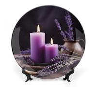 NTVOWPZO Bone China Decorative Plate Purple Lavender With Candles Ceramic Dinner Plates with Display Stand Ceramic Ornaments Art Porcelain Plate for Home Office Wall Decor CollectionsPlate 8inch