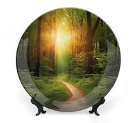 NTVOWPZO Bone China Decorative Plate Sunrise on The Woods Path Ceramic Dinner Plates with Display Stand Ceramic Ornaments Art PorcelainPlate for Home Office Wall Decor Collections Plate 10inch