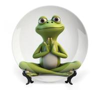 NTVOWPZO Bone China Decorative Plate The Funny Frog Doing Yoga Ceramic Dinner Plates with Display Stand Ceramic Ornaments Art PorcelainPlate for Home Office Wall Decor Collections Plate 8inch