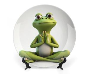 NTVOWPZO Bone China Decorative Plate The Funny Frog Doing Yoga Ceramic Dinner Plates with Display Stand Ceramic Ornaments Art PorcelainPlate for Home Office Wall Decor Collections Plate 8inch