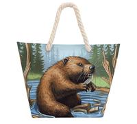 NTVOWPZO Busy Beaver Cartoon Beach Bag with Hemp Rope Handles Waterproof 600D Oxford Tote Zipper Carryall for Travel Shopping Swim Pool Gym Picnic & Daily Use