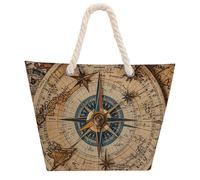 NTVOWPZO Compass And Old World Map Beach Bag with Hemp Rope Handles Waterproof 600D Oxford Tote Zipper Carryall for Travel Shopping Swim Pool Gym Picnic & Daily Use