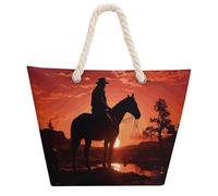 NTVOWPZO Cowboy West Beach Bag with Hemp Rope Handles Waterproof 600D Oxford Tote Zipper Carryall for Travel Shopping Swim Pool Gym Picnic & Daily Use