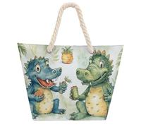 NTVOWPZO Crocodile Friends Beach Bag with Hemp Rope Handles Waterproof 600D Oxford Tote Zipper Carryall for Travel Shopping Swim Pool Gym Picnic & Daily Use
