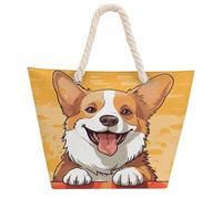 NTVOWPZO Cute Corgi Dog Beach Bag with Hemp Rope Handles Waterproof 600D Oxford Tote Zipper Carryall for Travel Shopping Swim Pool Gym Picnic & Daily Use