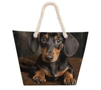 NTVOWPZO Cute Dachshund Beach Bag with Hemp Rope Handles Waterproof 600D Oxford Tote Zipper Carryall for Travel Shopping Swim Pool Gym Picnic & Daily Use
