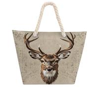 NTVOWPZO Deer Beach Bag with Hemp Rope Handles Waterproof 600D Oxford Tote Zipper Carryall for Travel Shopping Swim Pool Gym Picnic & Daily Use