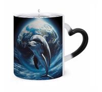 NTVOWPZO Dolphin Earth Magic Color Changing Coffee Mug, 11 Oz Ceramic Cup with Handle, Heat Sensitive Heat Changing Mug Temperature Changing Mugs for Office Home, Christmas Birthday Gift