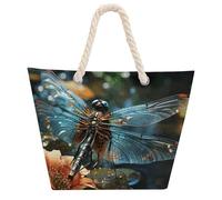 NTVOWPZO Dragonfly Flying On The Pond Beach Bag with Hemp Rope Handles Waterproof 600D Oxford Tote Zipper Carryall for Travel Shopping Swim Pool Gym Picnic & Daily Use