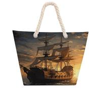 NTVOWPZO Fantasy Pirate Ship Beach Bag with Hemp Rope Handles Waterproof 600D Oxford Tote Zipper Carryall for Travel Shopping Swim Pool Gym Picnic & Daily Use