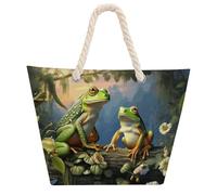 NTVOWPZO Frogs Sing Beach Bag with Hemp Rope Handles Waterproof 600D Oxford Tote Zipper Carryall for Travel Shopping Swim Pool Gym Picnic & Daily Use
