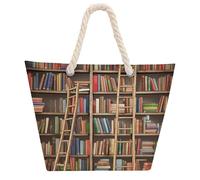 NTVOWPZO Funny Book Shelves Collection And Ladder Beach Bag with Hemp Rope Handles Waterproof 600D Oxford Tote Zipper Carryall for Travel Shopping Swim Pool Gym Picnic & Daily Use