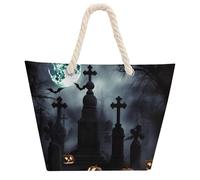 NTVOWPZO Gothic Happy Halloween Beach Bag with Hemp Rope Handles Waterproof 600D Oxford Tote Zipper Carryall for Travel Shopping Swim Pool Gym Picnic & Daily Use