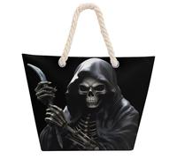 NTVOWPZO Grim-Reaper Beach Bag with Hemp Rope Handles Waterproof 600D Oxford Tote Zipper Carryall for Travel Shopping Swim Pool Gym Picnic & Daily Use